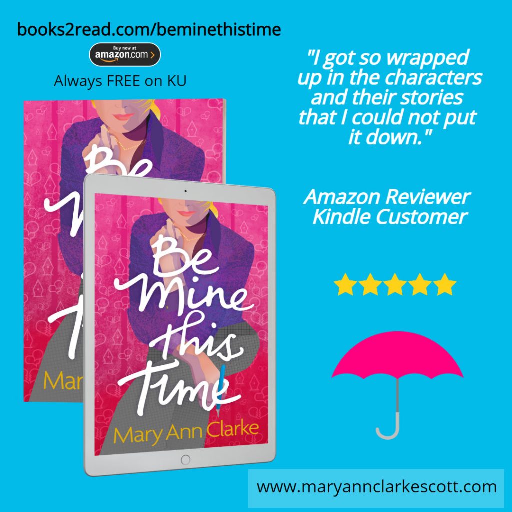 book covers for Be Mine This Time by MaryAnn Clarke on blue background, small pink umbrella clipart