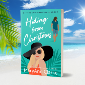 Hiding From Christmas book cover on beach against blue sky