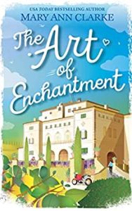 vector graphic bookcover cream stone Tuscan villa white script title The Art of Enchantment over blue sky