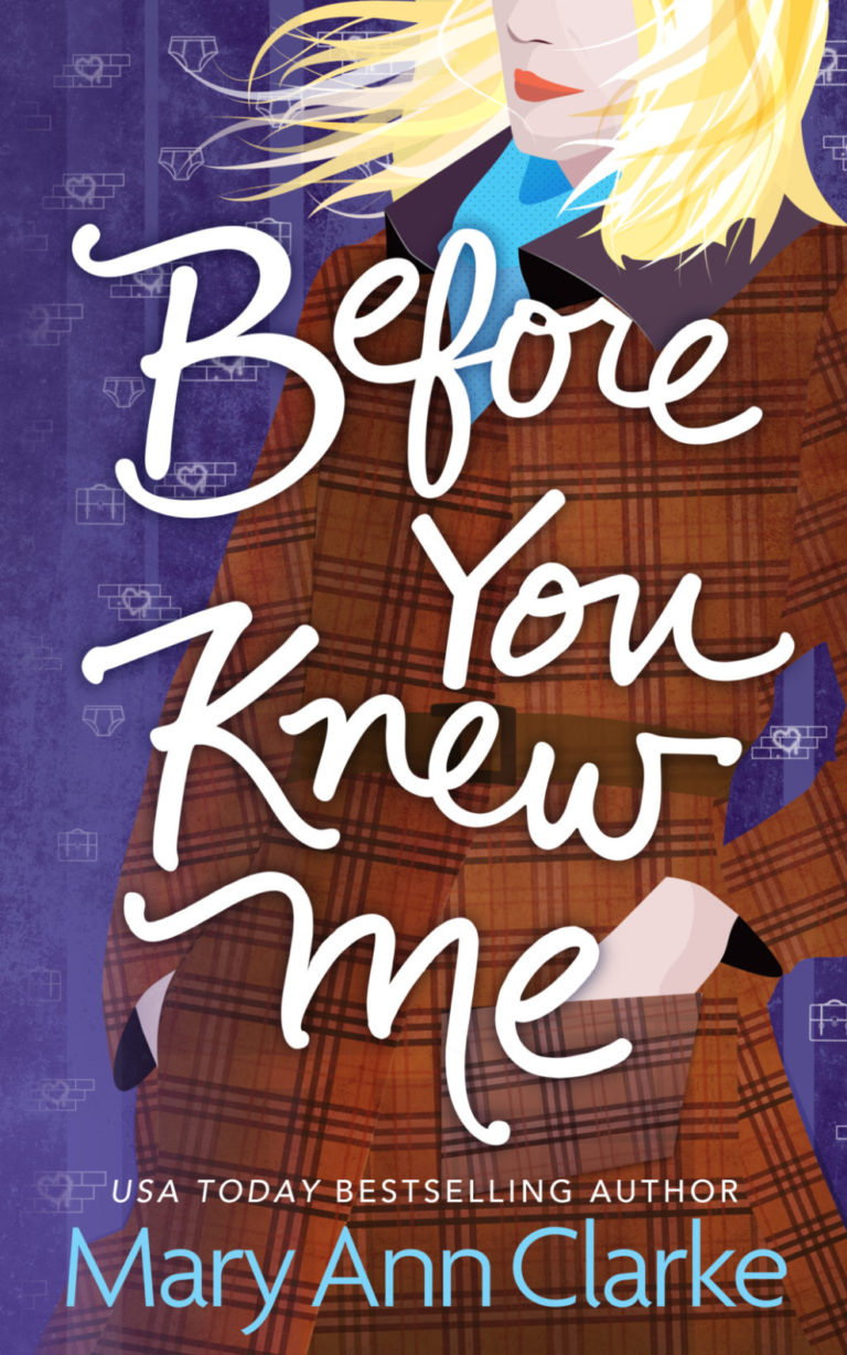 Illustrated book cover of a blonde woman in a brown plaid overcoat, her hair tossing in wind, hand script title over Before You Knew Me by MaryAnn Clarke