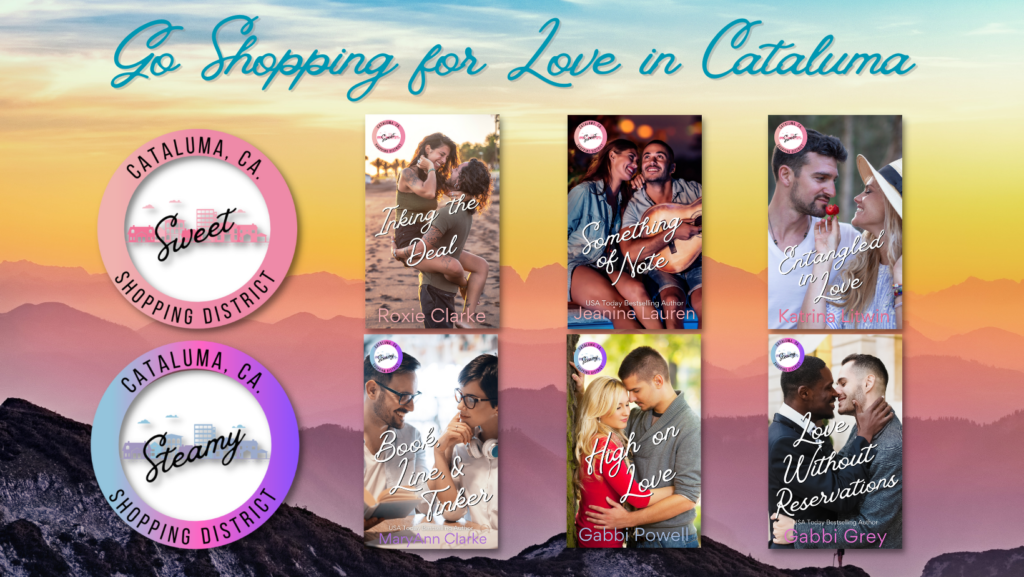 Shopping for Love in Cataluma six books covers on sunset mountain backgoru