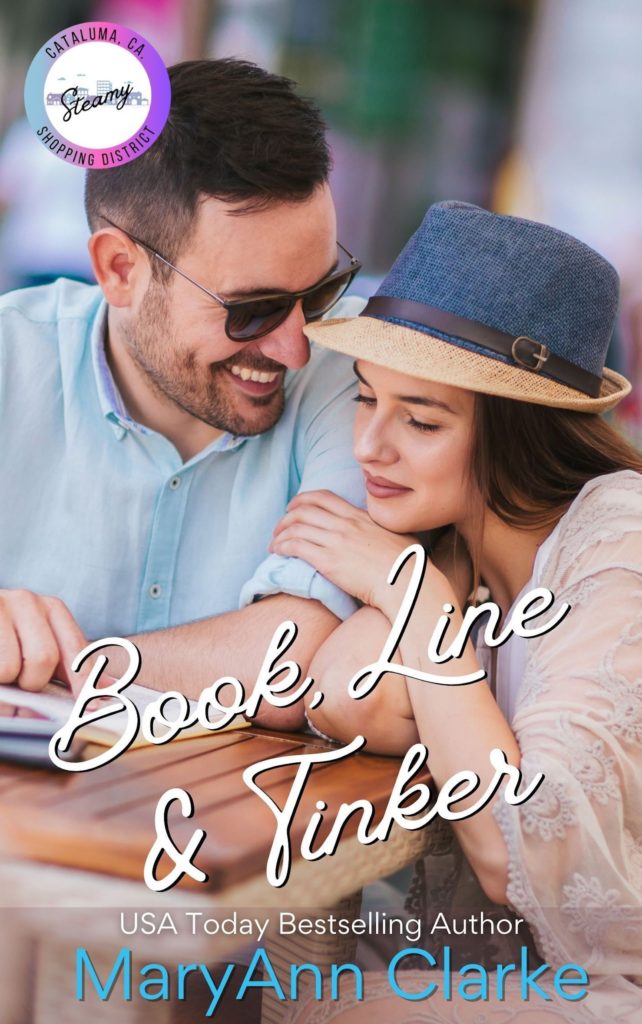 Book cover image is a photo of a handsome dark haired man with sunglasses smiling at a dark-haired Hispanic woman wearing a straw and blue fedora style had. The book title in white script is Book, Line & Tinker by Author USA Today Best Selling MaryAnn Clarke
