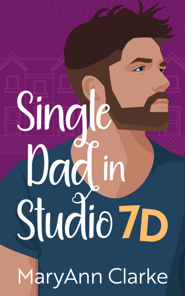 vector illustrtion of a brown haired young man in profile agsinss an aubergine background colour with the book title in White text: Single Dad in Studio 7D